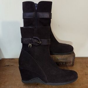 Etienne Aigner Designer Women's Dark Brown Suede Wedge Boots Size 5.5